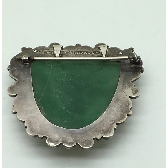 Sterling Silver Green Onyx Tribal Warrior Mask Mayan Aztec Pendant Brooch VTG - Picture 3 of 4